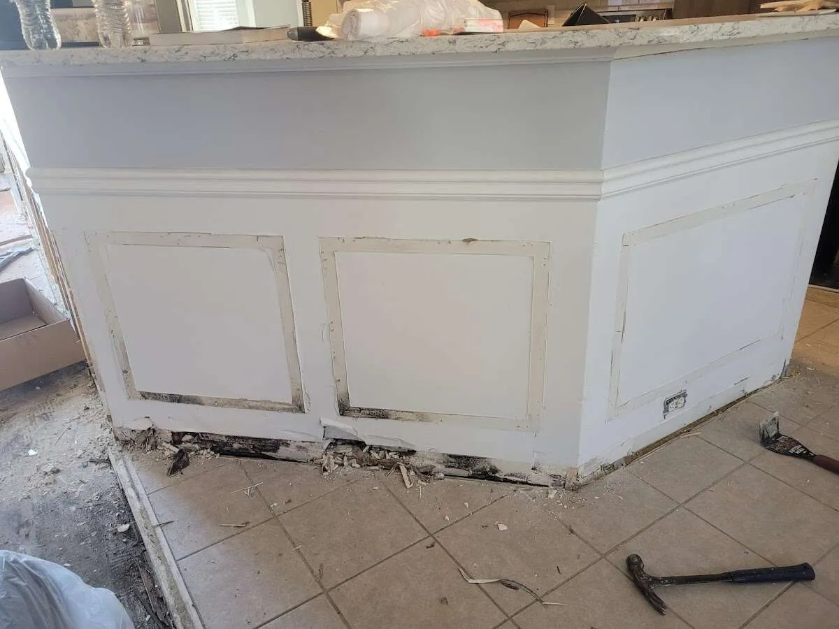 Water damage and mold on kitchen during Storm Damage Restoration in Port Sheldon